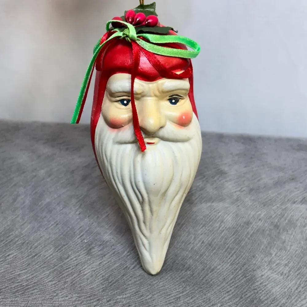 VTG Santa Head Ceramic Christmas Ornament Folk Art Holiday Rattles Numbered 5.5
